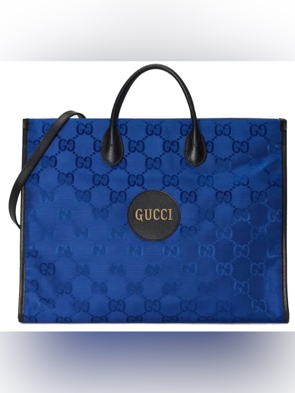 Gucci Off The Grid Cobalt Blue GG Jacquard Tote with Black Leather Handles